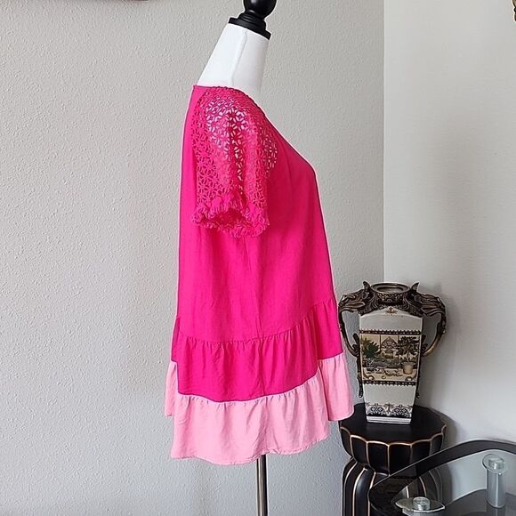 UMGEE Pink Tiered Babydoll Tunic Top with Crochet Sleeves - Picture 7 of 15